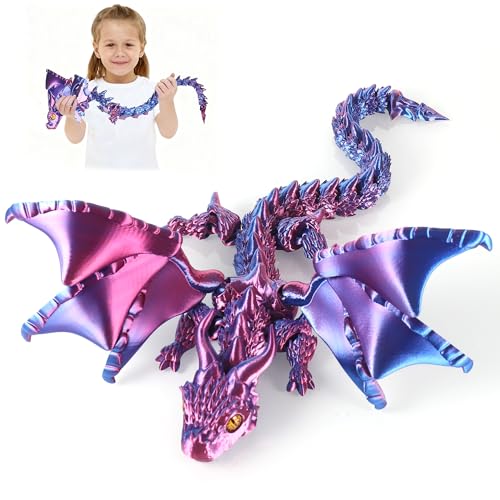 TranRantic 3D Gedruckte Dracheneier 40cm Drachen Spielzeug mit Flügel, Ewegliche Gelenke Kristall Drachen Deko Schreibtischspielzeug (lila) von TranRantic