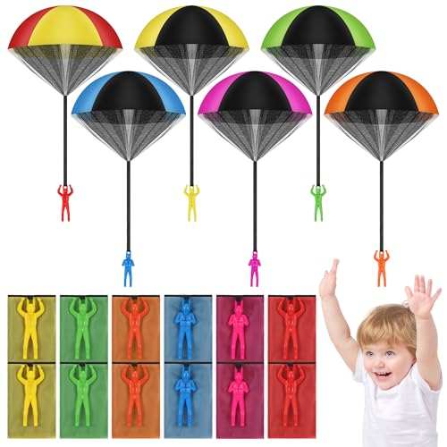 TranRantic Fallschirmspringer Spielzeug Kinder, 12 Stück Fallschirm Spielzeug Outdoor, Wurf Parachute Spiele für Draußen, Flugspielzeug Geschenk für Jungen und Mädchen（6 Farbe） von TranRantic