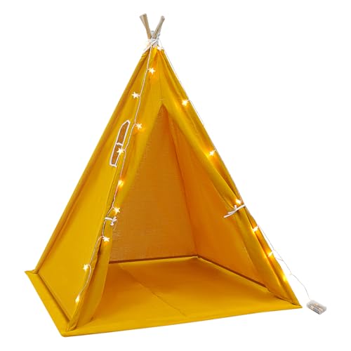 Tipi Zelt für Kinder, Gelb Kinderzelt mit Matte, Lichterkette, 120x120x140 cm Kinder Spielzelt für Mädchen und Jungen von Treeisland