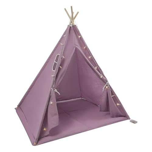 Tipi Zelt für Kinder, Waschbar Kinderzelt mit Matte, Lichterkette, 120x120x140 cm Kinder Spielzelt für Mädchen und Jungen, Lila von Treeisland