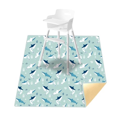 Treer Unterlage Hochstuhl, 110x110cm Baby Hochstuhl Bodenmatte Spritzmatte für Unter Hochstuhl Wasserdicht rutschfest Bodenschutzmatte Karikatur Krabbelmatte Faltbar Baby Spielmatte (Haie) von Treer