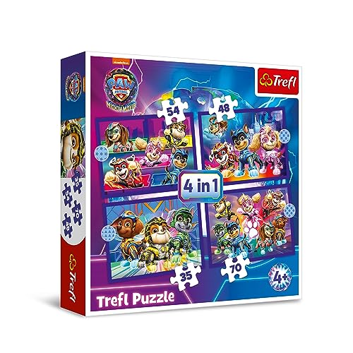 Trefl - PAW Patrol: The Mighty Movie, Die Helden Zu Hilfe - Puzzle 4in1, 4 Spiele, von 35 bis 70 Elemente - Unterschiedlicher Schwierigkeitsgrad, Unterhaltung für Kinder ab 4 Jahren von Trefl