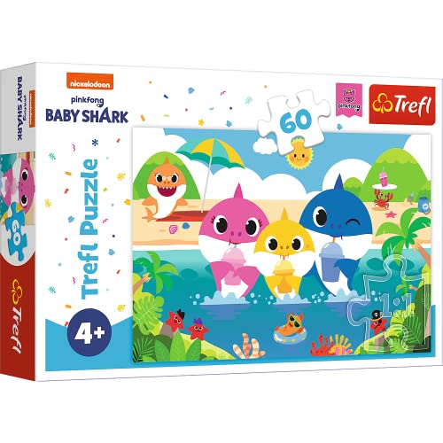 Trefl 17370 Urlaub-60 Teile Bunte Märchenfiguren, Nickelodeon, kreative Unterhaltung, Spaß für Kinder ab 4 Jahren Puzzle, Baby Shark, Hai-Familie im Urlaub, Small von Trefl