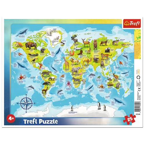 Trefl, Puzzle, Rahmenpuzzle mit Unterlage, 25 Teile, Weltkarte mit Tieren, für Kinder ab 4 Jahren von Trefl