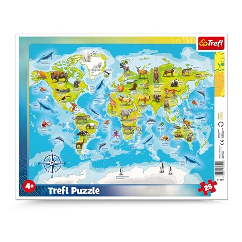 Trefl, Puzzle, Rahmenpuzzle mit Unterlage, 25 Teile, Weltkarte mit Tieren, für Kinder ab 4 Jahren von Trefl