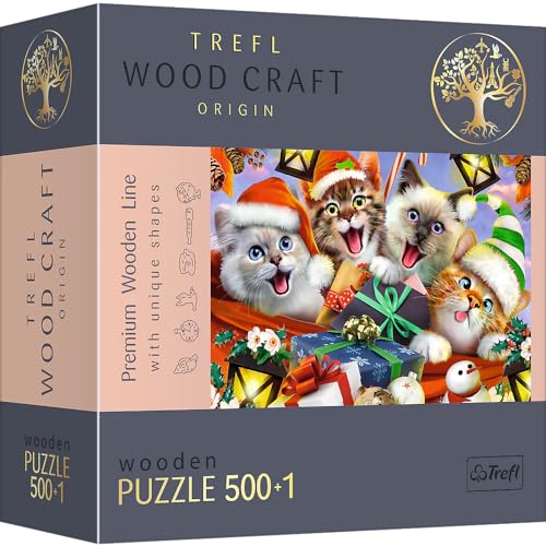 Trefl - Holzpuzzle: Weihnachtskätzchen - 500+1 Teile, Wood Craft, Holzbastelei, unregelmäßige Formen, 50 Weihnachtsfiguren, modernes Premium-Puzzle, DIY, Spaß für Erwachsene, holzpuzzle Erwachsene von Trefl