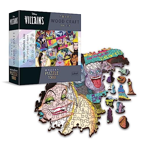 Trefl - Holzpuzzle: Disney Villains, Villains Rally - 1000 Elemente, Holzhandwerk, unregelmäßige Formen, 100 Märchenfiguren, modernes Premium Puzzle, für Erwachsene und Kinder ab 12 Jahren von Trefl