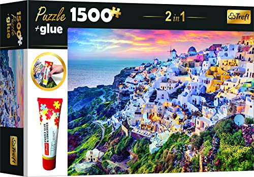 Trefl 26182 Set 2in1 Puzzle + Kleber, Puzzle 1500 Teile Wunderschöne Insel Santorini, Griechenland, Puzzle Kleber und Konservierungsmittel, Ordnen und Kombinieren der Elemente, Kreative Unterhaltung, von Trefl