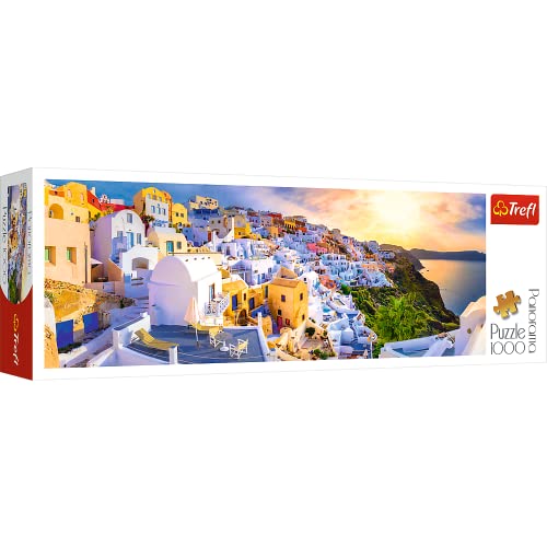 Trefl 29054 Panoramapuzzle 1000 Elemente-Reise, Urlaubslandschaft, DIY, kreative Unterhaltung, Puzzles für Erwachsene und Kinder ab 12 Jahren, Sonnenuntergang auf Santorini, Griechenland von Trefl