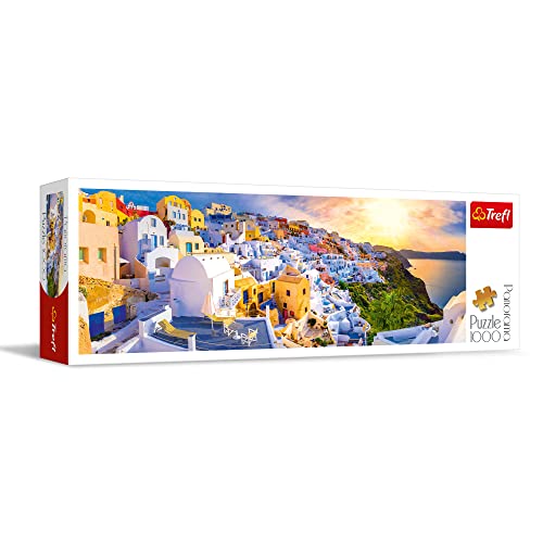 Trefl 29054 Panoramapuzzle 1000 Elemente-Reise, Urlaubslandschaft, DIY, kreative Unterhaltung, Puzzles für Erwachsene und Kinder ab 12 Jahren, Sonnenuntergang auf Santorini, Griechenland von Trefl