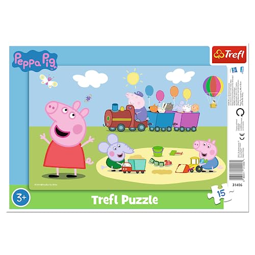 Trefl 31406 Rahmenpuzzle für Kleinkinder, 15 große Teile, Rahmen und starres Pad, Märchenfiguren, für Kinder ab 3 Jahren Hochelement-Puzzle, Peppa Pig, Fröhlicher Zug von Trefl