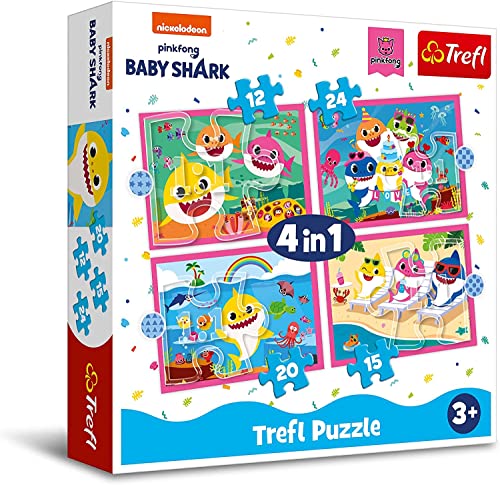 Trefl 34378 Hai Und Seine Familie, Baby Shark von 12 bis 24 Teilen, 4 Sets, für Kinder ab 3 Jahren 4 in 1 von Trefl