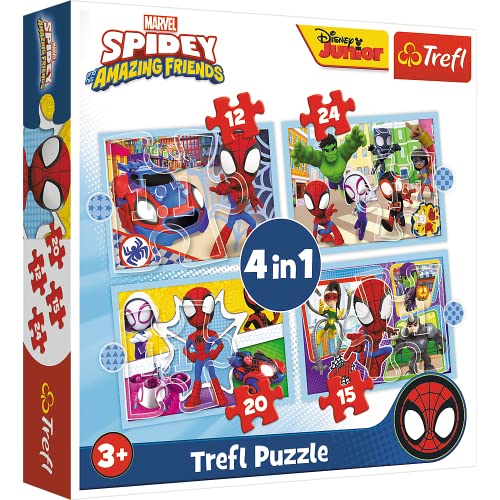 Trefl 34611 4-in-1, 4 12 bis 24 Teilen-Puzzles mit den Marvel-Helden Super Buddies, für Kinder ab 3 Jahren, Spidey and his Amazing Friends, Das Team von Spidey von Trefl