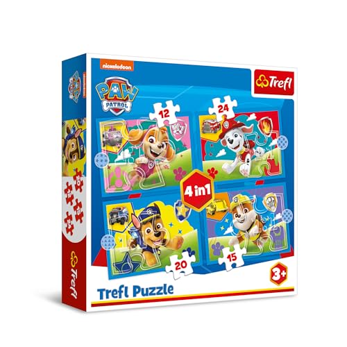Trefl - PAW Patrol, Laufende Hunde - Puzzle 4in1, 4 Spiele, von 12 bis 24 El. - Unterschiedlicher Schwierigkeitsgrad, Buntes Puzzle mit Helden der Fernsehserie, Kreative Unterhaltung, ab 3 Jahren von Trefl