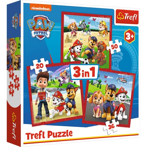 Trefl 34867, 20 bis 50 Elementen-Puzzles mit Märchenfiguren, Verschiedene Schwierigkeitsgrade, Kreative Unterhaltung für Kinder ab 3 Jahren Holzpuzzle Hochelement, PAW Patrol, Fröhliche Welpen-3in1 von Trefl