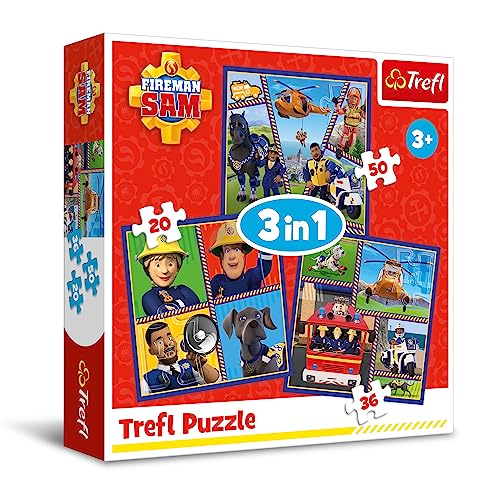 Trefl - Fireman Sam, Feuerwehrmann Sam - 3Tag der Feuerwehrleute - Puzzle 3in1, 3 Puzzles - Buntes Puzzle mit Figuren aus der Fernsehserie, Spiel für Kinder ab 3 Jahren von Trefl