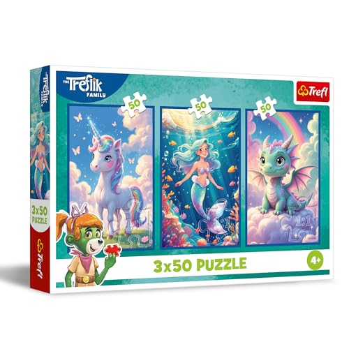 Trefl – 3in1 Puzzle: The Treflik Family, Gemeinsam in Einer bunten Welt - 3 x 50 Teile, Dreier-Puzzle-Set für Kinder ab 4 Jahren von Trefl