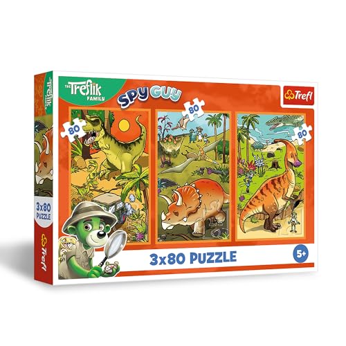 Trefl – 3in1 Puzzle: The Treflik Family, Trefliks in der Welt der Dinosaurier - 3 x 80 Teile, DREI-Puzzle-Set für Kinder ab 5 Jahren von Trefl