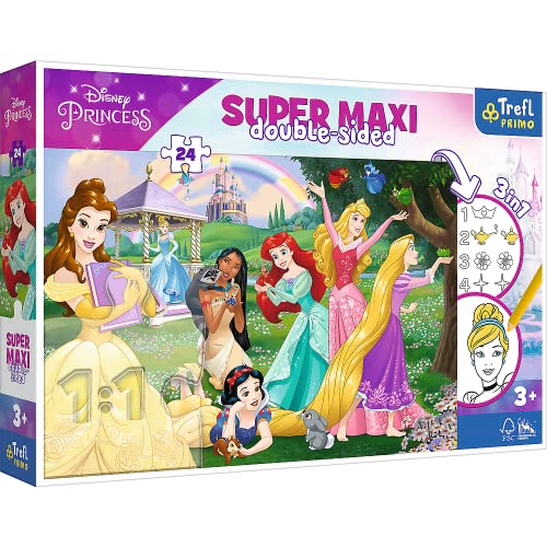 Trefl 41008 Fröhliche Prinzessinnen 3 in 1: Puzzle 24 große Elemente Malbuch Ausmalspiel Ausmalpuzzle mit Märchenfiguren Spaß für Kinder ab 3 Jahren Primo, Disney Princess von Trefl