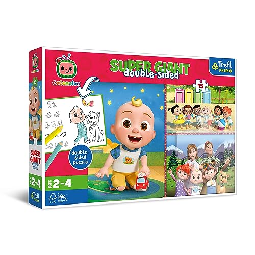Trefl Primo - Cocomelon, Fröhlicher Tag der Freunde - 3in1: Puzzle 15 Sehr Große Elemente, Malvorlage, Buntes Puzzle mit Helden der Fernsehserie, Spiel für Kinder ab 2 Jahren von Trefl