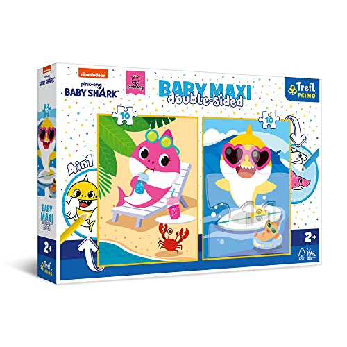 Trefl Primo - Baby Shark, fröhlicher Hai-Tag - 4 in 1: 2x10 große Puzzles, Zwei Malbücher auf der Rückseite, Bunte Puzzles mit Märchenfiguren, Spaß für Kinder ab 2 Jahren von Trefl