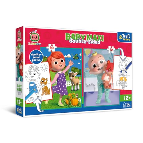 Trefl Primo – Cocomelon, Freunde – 4in1: Puzzle 2x10 Große Elemente, Zwei Malvorlagen auf der Rückseite, Buntes Puzzle mit Helden, für Kinder ab 2 Jahren von Trefl