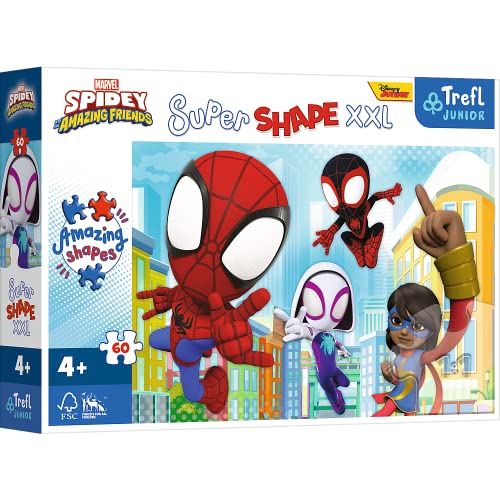 Trefl 50012 60 XXL Super Shape-Verrückte Formenpuzzles, große Teile, Bunte Puzzles mit Märchenhelden, Spaß für Kinder ab 4, Spidey and His Amazing Friends, Schlauer Spiday von Trefl