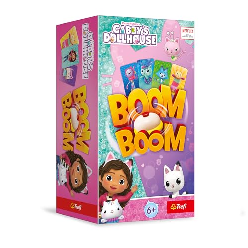 Trefl - Boom Boom, Gabby's Dollhouse - Dynamisches Familienspiel, Tolle Spielpartie, Spiel Für die Ganze Familie, Kartenspiel mit Helden der Fernsehserie Gabby‘s Katzenhaus, für Kinder ab 6 Jahren von Trefl