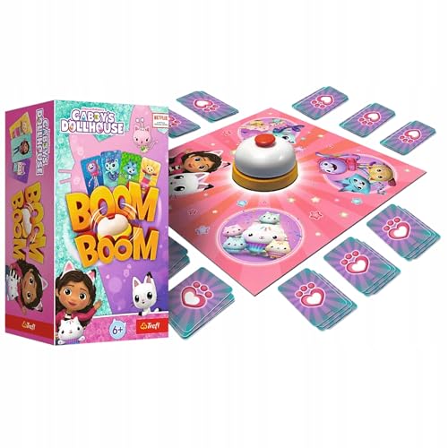 Trefl - Boom Boom, Gabby's Dollhouse - Dynamisches Familienspiel, Verrücktes Gameplay mit Glocke, Spaß für die ganze Familie, Kartenspiel mit den Helden Märchen Katzenhaus Gabi, für Kinder ab 6 Jahren von Trefl