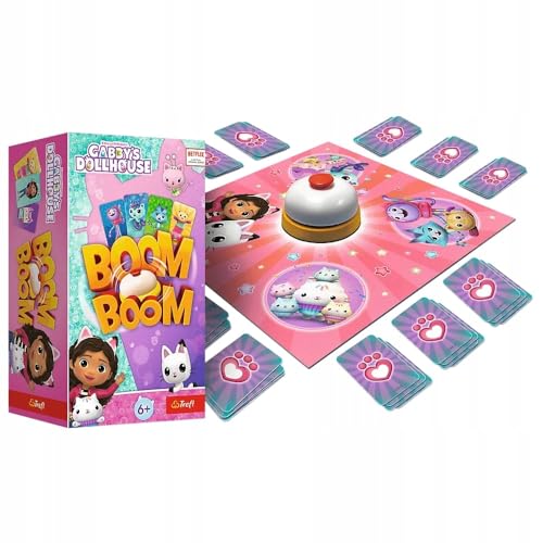 Trefl - Boom Boom, Gabby's Dollhouse - Dynamisches Familienspiel, Verrücktes Gameplay mit Glocke, Spaß für die ganze Familie, Kartenspiel mit den Helden Märchen Katzenhaus Gabi, für Kinder ab 6 Jahren von Trefl