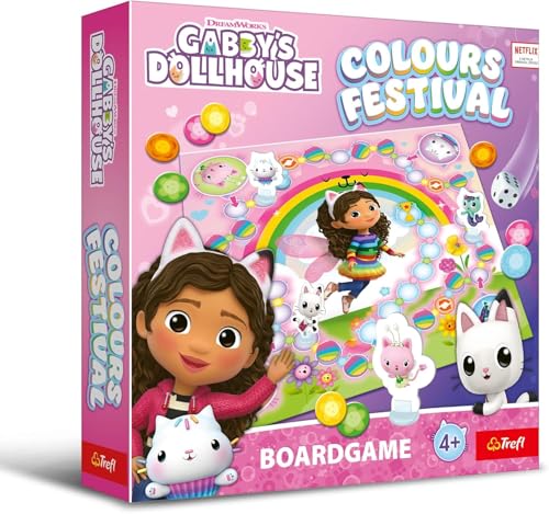 Trefl - Colours Festival, Gabby's Dollhouse - Family Brettspiel mit Erinnerung, Steier mit Helden Märchen Katzen Haus Gabi, Familien-Spiel für Kinder ab 4 Jahren von Trefl