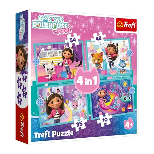 Trefl - Gabby's Dollhouse, Gabbys großes Abenteuer – 4-in-1-Puzzle, 4 Puzzles, 35 bis 70 Teile – Verschiedene Schwierigkeitsgrade, farbenfrohe Puzzles mit Märchenfiguren, Spaß für Kinder ab 4 Jahren von Trefl
