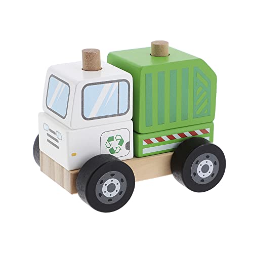 Trefl - Garbage Truck, Wooden Toys - Auto Müllwagen, Holzspielzeug, Bewegliche Blöcke und Rollen, Bio Naturholz Spielzeug Sicheres Spielzeug für Jahre, für Kinder ab 12 Monaten von Trefl