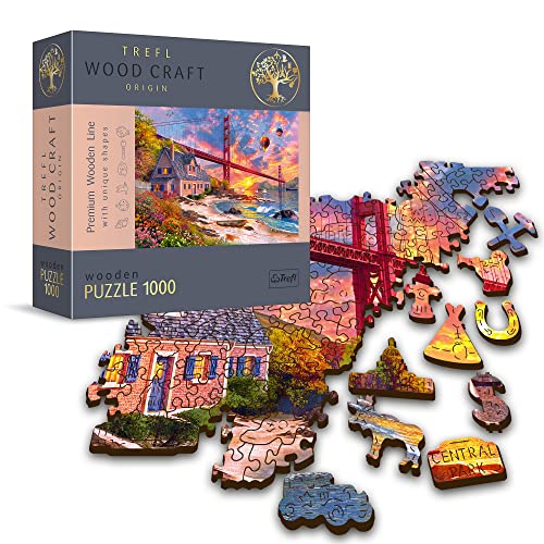 Trefl - Holzpuzzle, Sonnenuntergang Über Der Goldenen Pforte - 1000 Teile, Wood Craft, Unregelmäßige Formen, 100 Figuren Amerikanischer Denkmäler Und Symbole, Premium Puzzle, holzpuzzle Erwachsene von Trefl