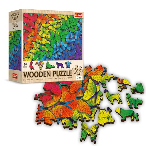 Trefl Holzpuzzle Regenbogen-Schmetterlinge, 500+1 Elemente, Holzhandwerk, unregelmäßige Formen, 50 Tierfiguren, modernes Premium-Puzzle, DIY, Farben, Insekten, für Erwachsene und Kinder ab 12 Jahren von Trefl