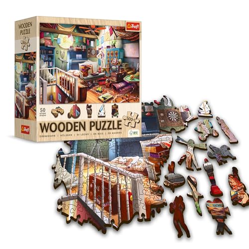 Trefl Holzpuzzle: Schätze auf dem Dachboden - 500+1 Elemente, Holzhandwerk, unregelmäßige Formen, 50 Figuren, modernes Premium-Puzzle DIY für Erwachsene und Kinder ab 12 Jahren von Trefl