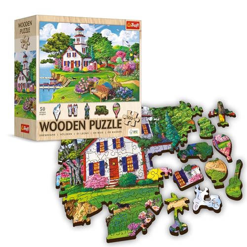 Trefl Holzpuzzles, Summer Haven - 500+1 Elemente, Holzhandwerk, Unregelmäßige Formen, 50 Reisefiguren, modernes Premium-Puzzle DIY für Erwachsene und Kinder ab 12 Jahren von Trefl