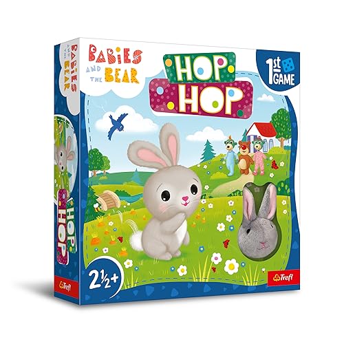 Trefl - Hop Hop! Babys und Teddybär, Erstes Brettspiel - Gesellschaftsspiel für die Kleinsten, Plüschkaninchen, Große Elemente, Gesellschaftsspiel mit Aufgaben, Spiel für Kinder ab 2,5 Jahren von Trefl