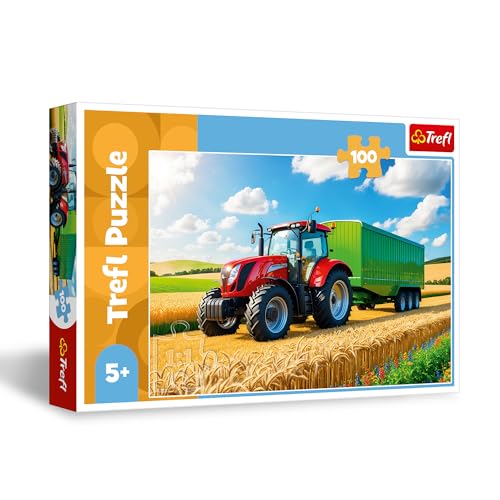 Trefl - Landmaschinen, Traktor mit Anhänger - Puzzle 100 Teile - Puzzle mit Fahrzeugen, kreative Unterhaltung, Spaß für Kinder ab 5 Jahren von Trefl