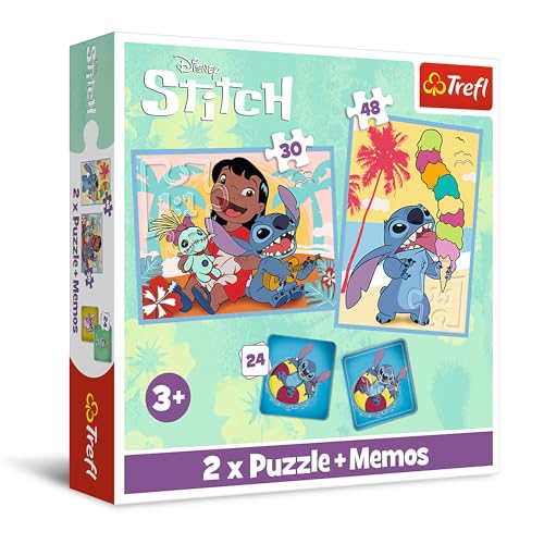 Trefl - Lilo & Stitch, Fröhlicher Tag von Lilo&Stitch - 3in1: 2X Puzzle + Memory-Spiel, Puzzle mit Figuren der Fernsehserien, 30 und 48 Teile, 24 Memos, Unterhaltung für Kinder ab 3 Jahren von Trefl