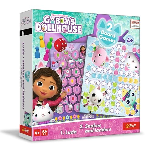 Trefl – Ludo, Schlangen und Leitern: Gabby's Dollhouse – 2-in-1-Spiel, klassisches Familienbrettspiel mit Figuren aus Gabis Katzenhaus, für Erwachsene und Kinder ab 4 Jahren von Trefl