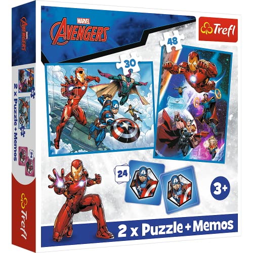 Trefl 93333 3in1: 2X Memory-Spiel, Puzzle mit Superhelden, 30 und 48 Elemente, Verschiedene Schwierigkeitsgrade, 24 Memos, Spaß für Kinder ab 3 Jahren, Marvel The Avengers, Helden in Aktion von Trefl