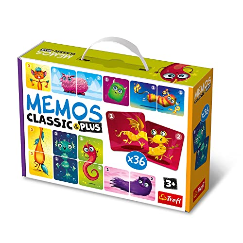 Trefl - Memos Classic & Plus, Niedliche Monster - Lernspiel für Kleinkinder, Paare und Dreifachbilder Finden, Verschiedene Varianten von Spaß, klassisches Gedächtnisspiel für Kinder ab 3 Jahren von Trefl
