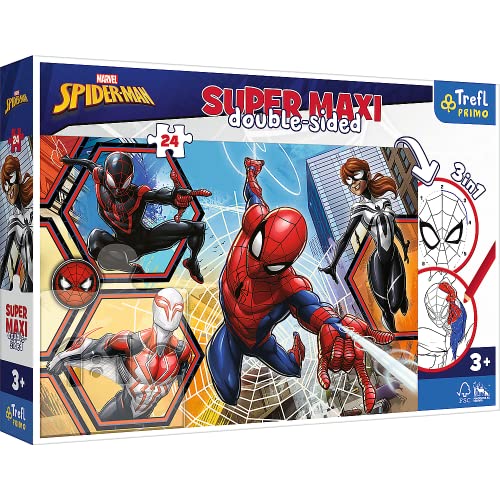 Trefl 41006 Tritt in Aktion 3 in 1: Puzzle 24 große Teile Malbuch Malspiel Ausmalpuzzle mit Märchenfiguren Spaß für Kinder ab 3 Jahren Primo, Marvel Spiderman von Trefl