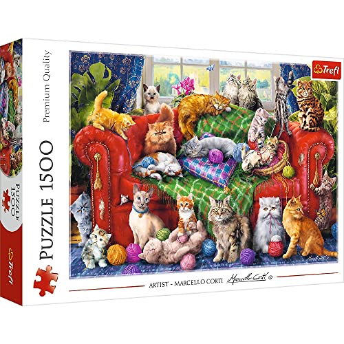 Trefl 26198 1500 Teile Katzen, Modernes DIYPuzzle, Kreative Unterhaltung, Spaß, Klassische Puzzles mit Tieren, für Erwachsene und Kinder ab 12 Jahren, Kätzchen auf dem Sofa von Trefl