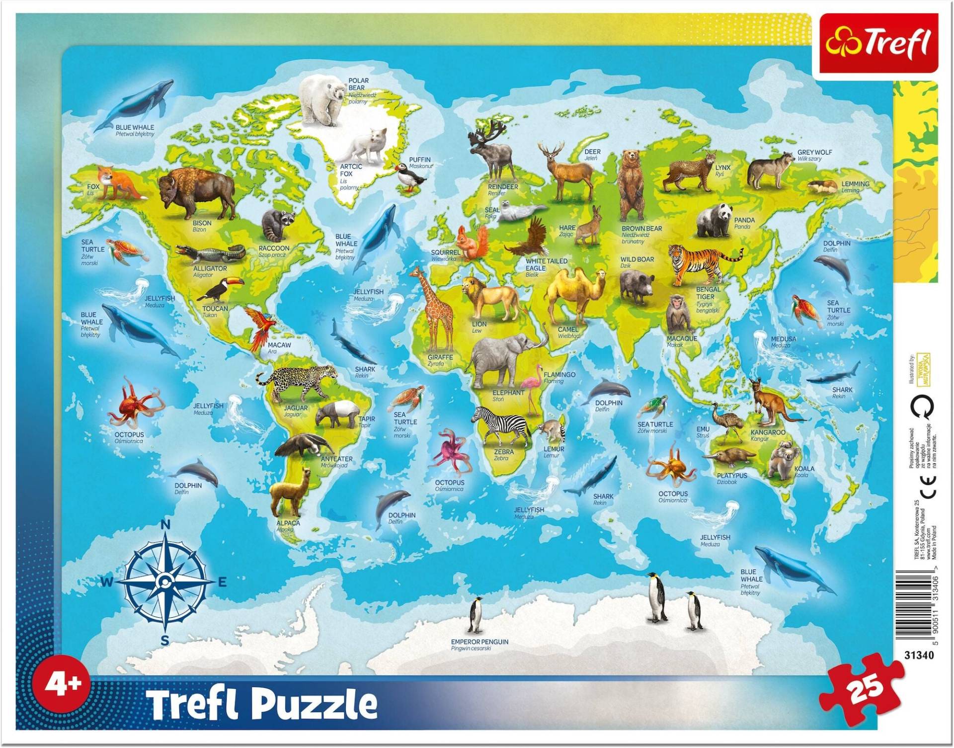 Trefl Rahmenpuzzle Weltkarte mit Tieren 25 Teile von Trefl