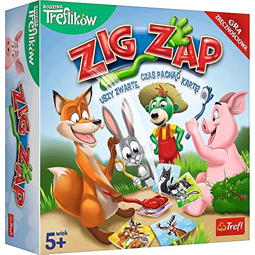 Trefl - Zig Zap - Dymanisches Geschicklichkeitsspiel, Tierkarten, Familienbrettspiel mit Märchenheld Familie Treflik, Tierohren und Kartenkarten, Für Erwachsene und Kinder ab 5 Jahren von Trefl