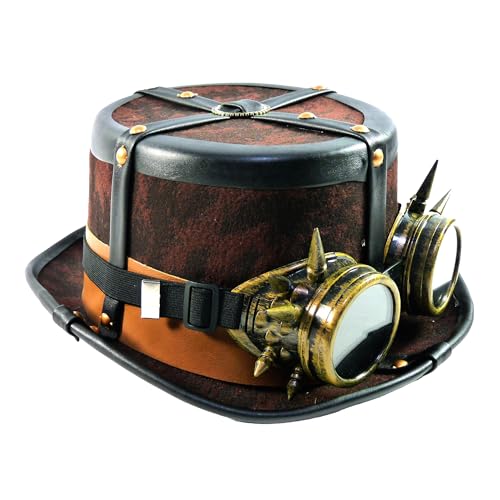 TrendandStylez Steampunk Hut, Einheitsgröße, Braun, mit Brille und Lederriemen, für Karneval, Fasching, Mottofeiern von TrendandStylez