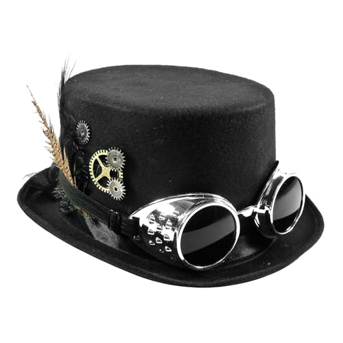 TrendandStylez Hut Zylinder Steampunk, schwarz, mit abnehmbarer Brille, Zahnrädern und Federn für JGA, Mottoparty, Fasching Karneval von TrendandStylez