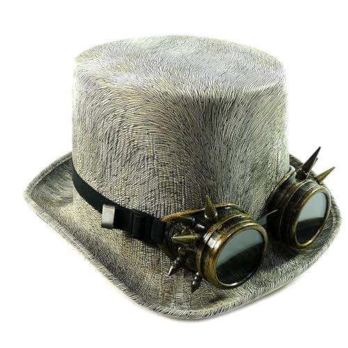 TrendandStylez Zylinder Steampunk grau mit abnehmbarer Brille, Plumepunk Hut in Felloptik für JGA, Mottoparty, Fasching Karneval von TrendandStylez